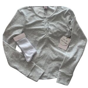Waffle Knit Pajama Top Set Women’s M Gray Henley Lounge Sleepwear
It